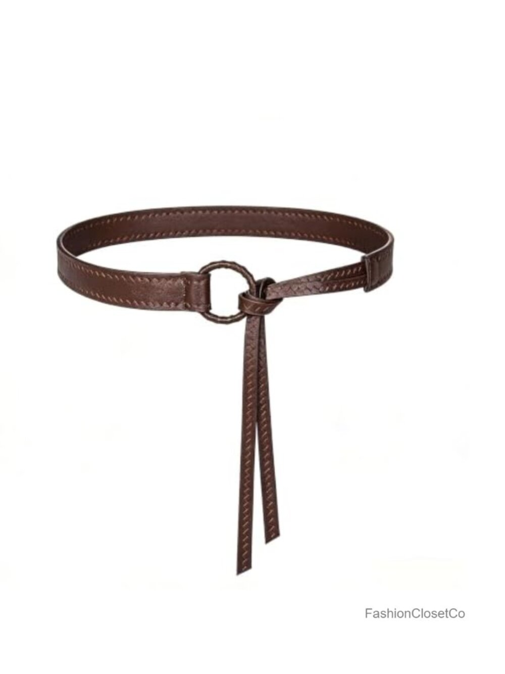 Woven Knotted Waist Belt with Round Buckle Thin PU Leather Tie